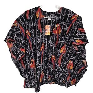 La Leela Women Black Tropical Parrot Bamboo Print Kaftan Top One Size NWT